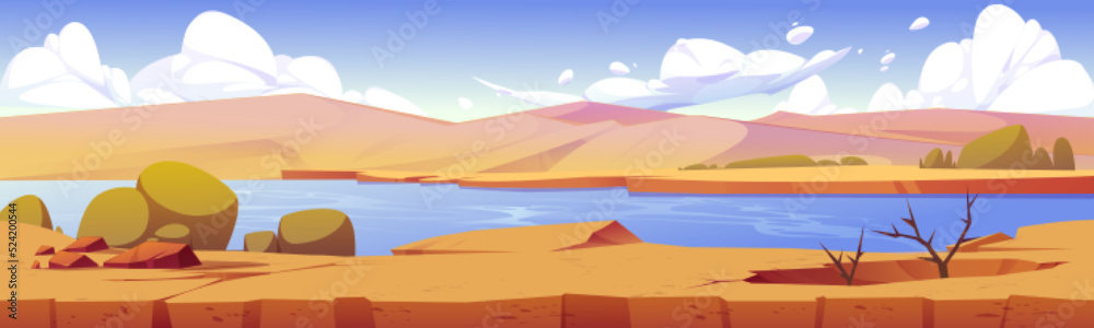 Game level landscape of african desert with oasis. Ground texture background with sand dunes, river or lake, dry plants and green bushes, vector cartoon illustration