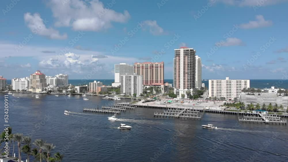 Sideways drone shot over waterway canal for boats and yachts in Fort Lauderdale Miami Florida beach life. Sideways drone shot over waterway canal for boats and yachts in Fort Lauderdale Miami Florida beach life.