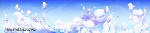 Clouds in blue sky, beautiful heaven background. Nature peaceful landscape with white and lilac fluffy cumulonimbus cloudscape. Day or morning vivid view from airplane, Cartoon vector illustration