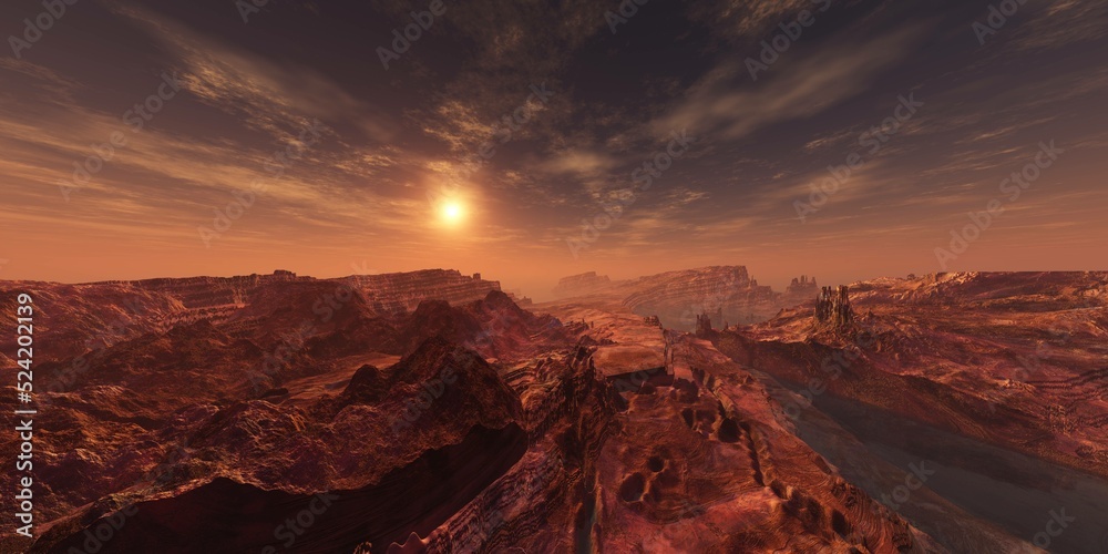 Obraz premium Martian landscape, sunset on Mars, Mars at sunrise, panorama of Mars, the face of Mars, 3D rendering