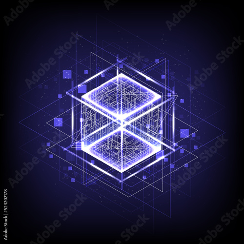 HUD energy box. Smart code. Big data. Digital chip. 3D cubes. CPU core. Abstract technology. Futuristic hi-tech . Blockchain network. Cyberpunk box