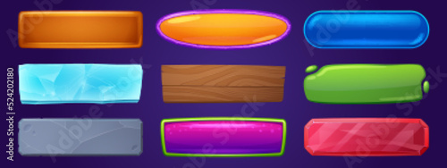 Web and game menu buttons with wooden, ice, stone, glass and crystal textures. Vector cartoon set of rectangle buttons from different materials isolated on background