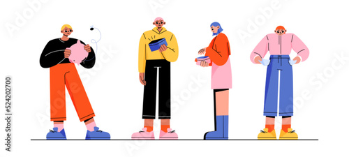 People with empty wallets, pockets and piggy bank having no money. Concept of financial problems, poverty, bankruptcy. Vector flat illustration of sad characters with empty purses