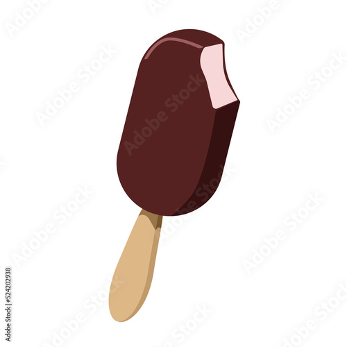 Chocolate, delicious popsicle ice cream, bitten off, isolated on a white background.Vector illustration of dessert can be used in restaurant menus, textiles, postcards.