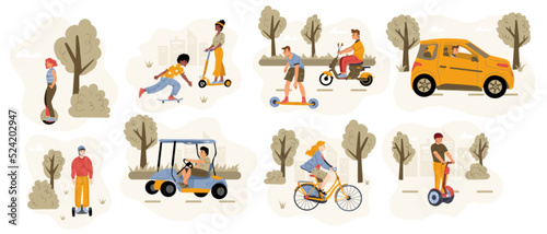 People drive different eco transport on city street and in park. Vector flat illustration of persons riding on bicycle, electric car, scooter, skateboard, monowheel and hoverboard