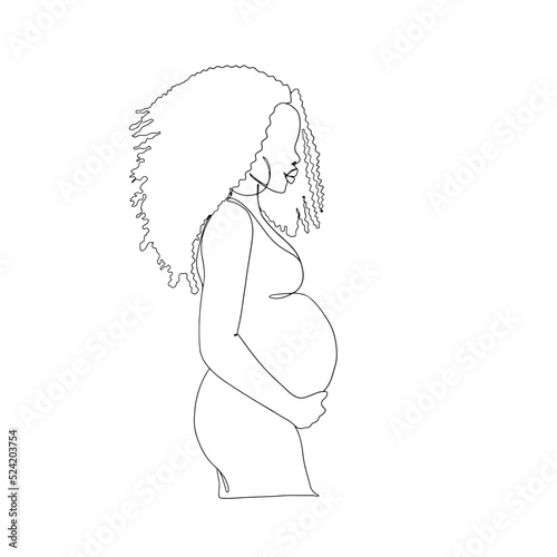Oneline vector pregnant african american woman. Hand drawn black outline pregnant girl. Trendy black and white illustration designed for a greeting cards, invitations, T-Shirt, baby shower.