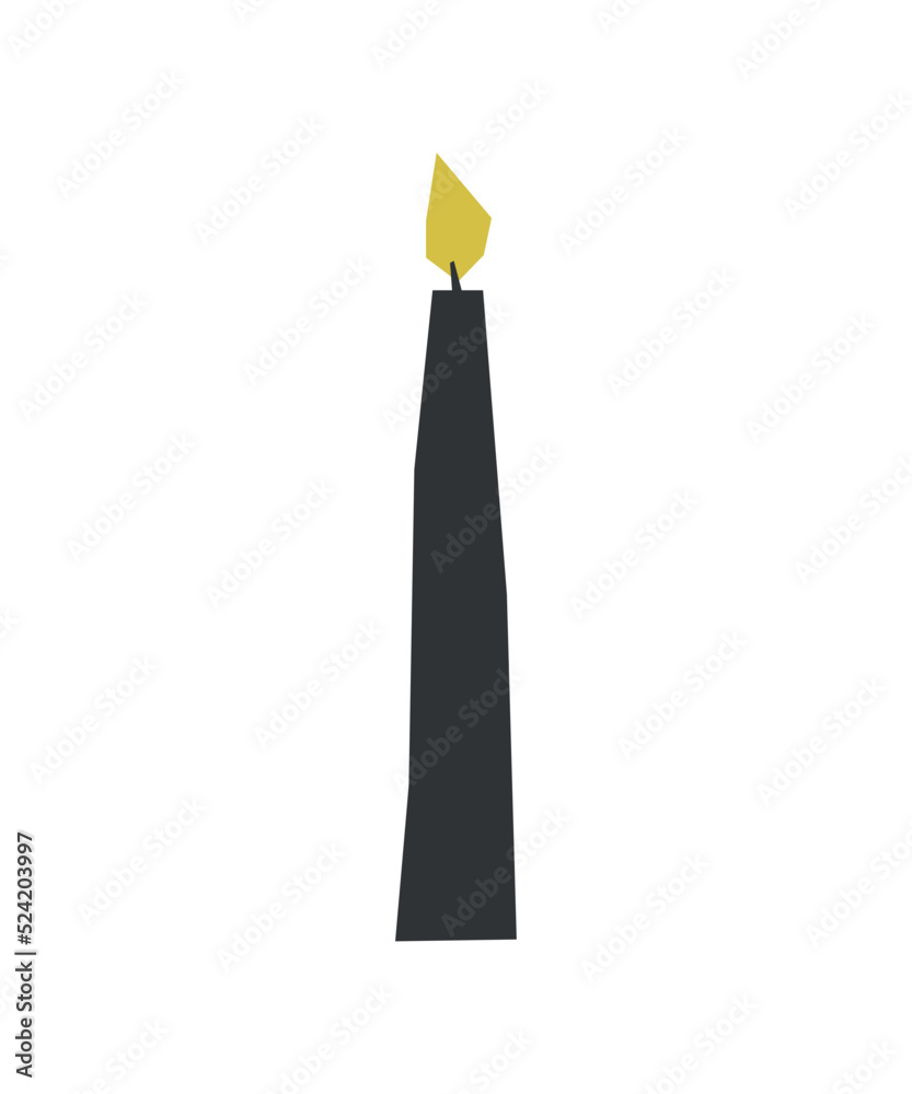 Fototapeta premium Vector isolated flat hand drawn Christmas illustration. Black wax thin candle with yellow flame. Simplified minimalistic and geometric shape, Scandinavian style