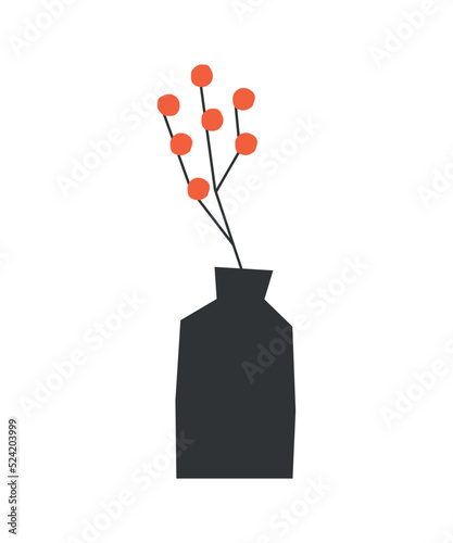 Vector isolated fall illustration with classical home decoration - black vase and branch withorange berrirs. Geometric symbol of autumn time. Decorative flat minimalistic object on white background photo