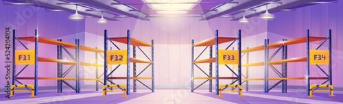 Empty warehouse interior with metal racks. Storage room in factory, supermarket or distribution hangar with shelves for cargo, stock and goods, vector cartoon illustration