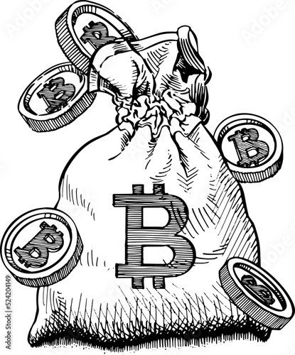 Burlap sack with bitcoin symbols around. Concept of cryptocurrency, earning, saving, financial economy. Black and white vector illustration on white background