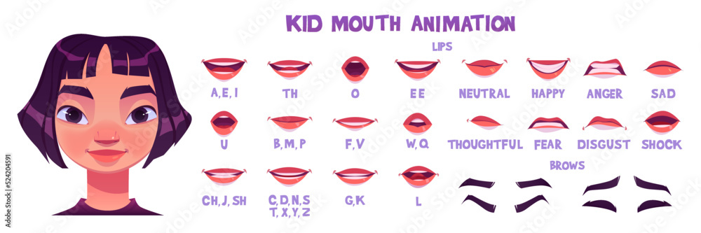 Asian girl mouth animation sprite sheet. Child lips poses in pronunciation different english phoneme and different emotions. Vector cartoon set of kid brows and mouth movement Asian girl mouth animation sprite sheet. Child lips poses in pronunciation different english phoneme and different emotions. Vector cartoon set of kid brows and mouth movement