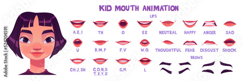 Asian girl mouth animation sprite sheet. Child lips poses in pronunciation different english phoneme and different emotions. Vector cartoon set of kid brows and mouth movement