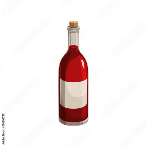 Wine bottle isolated vector icon, glass flask with red liquid, empty label and corkwood bung on white background. Alcohol drink cartoon element for design