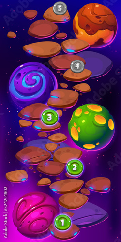 Game ui level map with space planets, rocks, path and numbers. Cartoon 2d fantasy galaxy, universe travel adventure platform, environment graphics for pc or mobile arcade, menu interface design