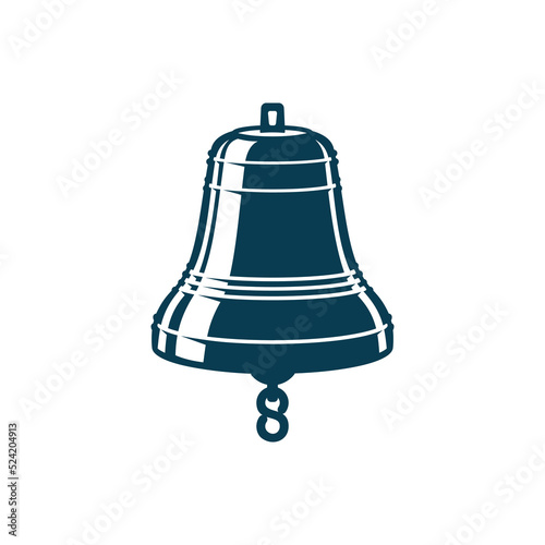 Retro brass ship bell with metal chain isolated monochrome icon. Vector safety equipment in foggy conditions, antique brass or copper, bronze bell. Device, indicating time on vessel, hand drawn