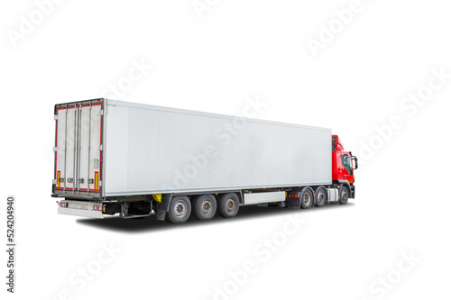 Valokuva Big white semi trailer truck with red cab isolated.