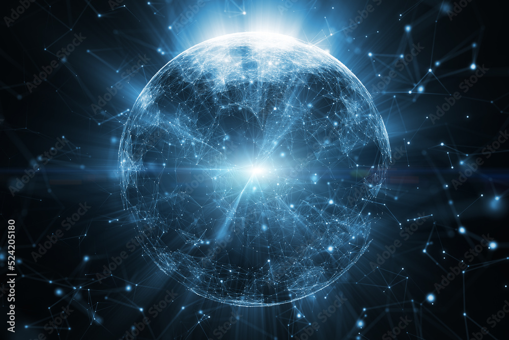 Digital glow sphere technology cyberspace network. Copy space illustration background.