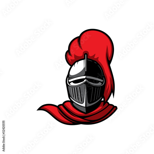 Knight head in helmet vector icon. Heraldic mascot of royal paladin with closed visor and red plumage, ancient soldier. Medieval warrior or guard in armour and cape front view, heraldry cartoon symbol