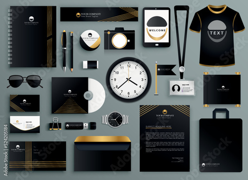 Black corporate brand identity template design vector. business stationery set design. branding set deign.