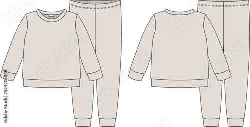 Apparel pajamas technical sketch. Grey color. Childrens cotton sweatshirt and pants. Kids outline nighwear design template.