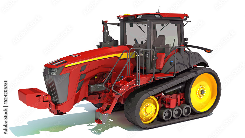 Farm Track Tractor 3D rendering on white background Farm Track Tractor 3D rendering on white background