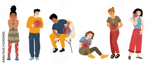 Sick people suffering of pain in body and head. Diverse characters with headache, stomachache, pain in back, knee, chest and neck isolated on white background, vector flat illustration