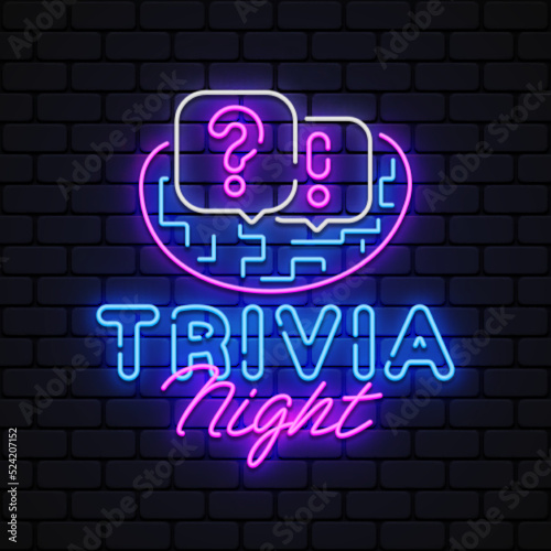 Trivia Night neon sign vector. Quiz Time Design template neon sign, light banner, neon signboard, nightly bright advertising, light inscription. Vector illustration
