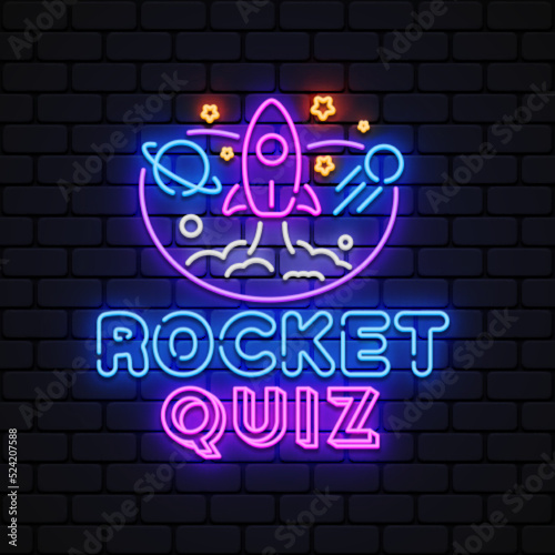 Quiz neon signboard vector. Rocket Quiz vintage styled neon glowing letters shining, Light Banner, Questions team game.Vector illustration