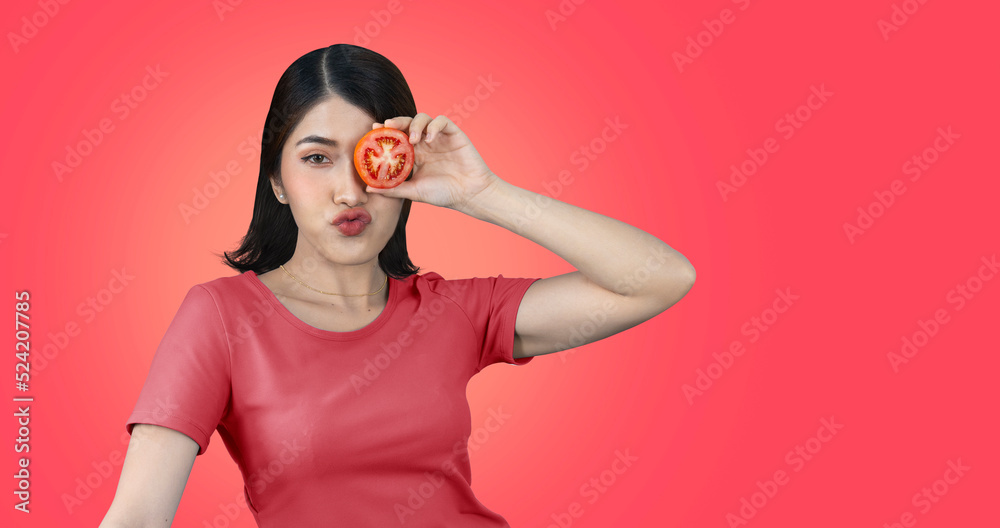 asian woman with tomato asian woman with tomato