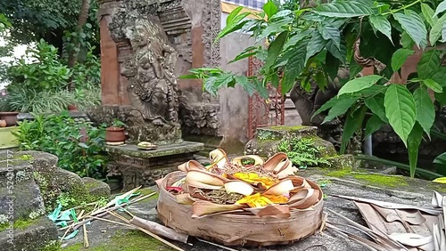 Balinese Flowers Temple Offering Canang Sari Ritual Ubud Green Garden Pura Dalem Peliatan Indonesia Magical Spirits Ritual Atmosphere photo
