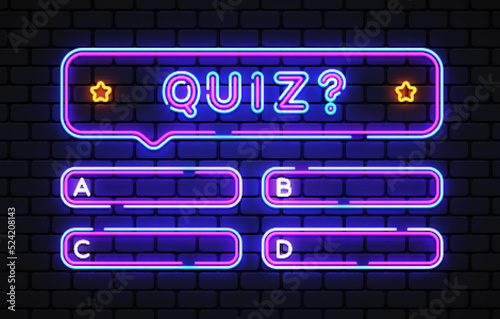Quiz test menu neon template. Quiz on light background for game background design. Vector illustration