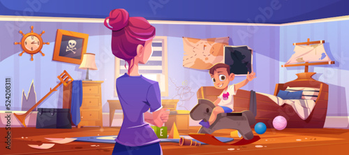 Mom watching naughty kid playing in messy room, cartoon vector illustration. Back view of woman looking at mischievous boy, broken toys scattered on floor, torn, painted wallpapers. Modern parenting