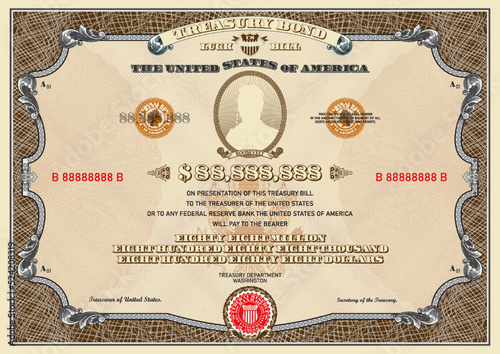 Fictional vector 88 888 888 US dollar treasury good luck bond. Vintage frame with guilloche grid, oval, bank seals and ribbons. Roosevelt
