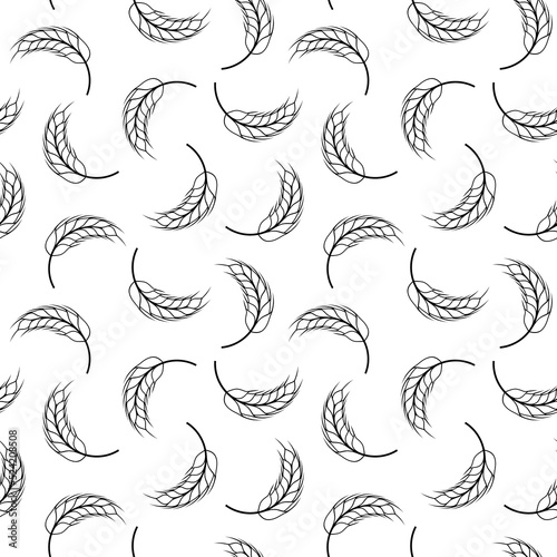 Wheat seamless pattern. Bread grain texture. Stalk oat, barley, corn, rye, malt, bran, millet, maize, rice background. Ear of wheat patern. Repeats black bakery isolated on white. Design print. Vector