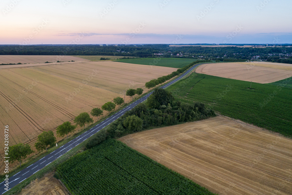 Vue aérienne d'une route au milieu des champs de Seine-et-Marne au coucher du soleil