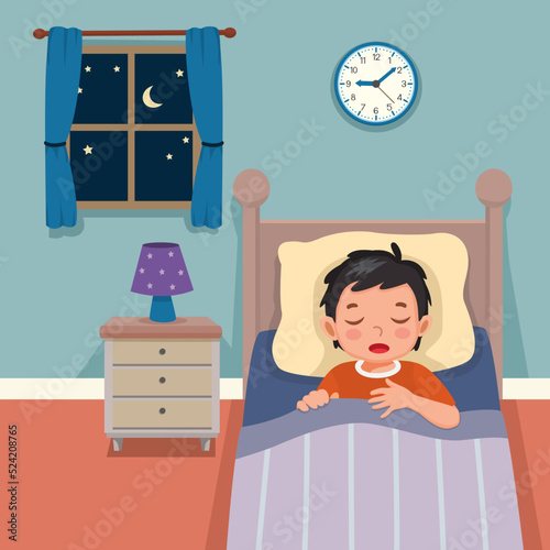 cute little child boy sleeping on bed at night in the bedroom