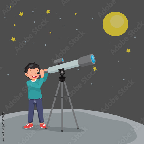 cute little boy using telescope looking at star and galaxies at night