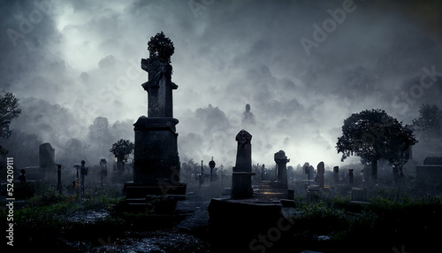 illustration of old cemetery with fog on Halloween night. realistic halloween festival illustration. Halloween night pictures for wall paper. 3D illustration. Use digital paint blurring techniques.