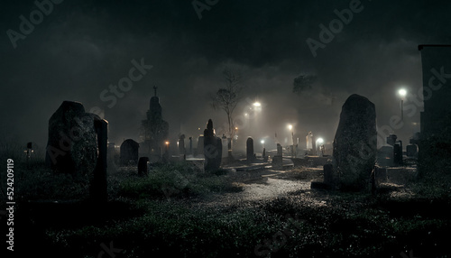 illustration of old cemetery with fog on Halloween night. realistic halloween festival illustration. Halloween night pictures for wall paper. 3D illustration. Use digital paint blurring techniques.