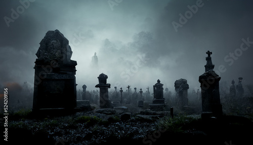 illustration of old cemetery with fog on Halloween night. realistic halloween festival illustration. Halloween night pictures for wall paper. 3D illustration. Use digital paint blurring techniques.