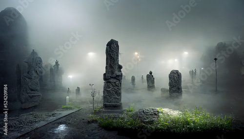 illustration of old cemetery with fog on Halloween night. realistic halloween festival illustration. Halloween night pictures for wall paper. 3D illustration. Use digital paint blurring techniques.