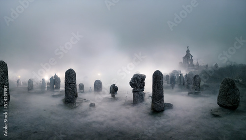 illustration of old cemetery with fog on Halloween night. realistic halloween festival illustration. Halloween night pictures for wall paper. 3D illustration. Use digital paint blurring techniques.