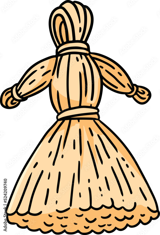 Stuffed doll made of straw cartoon icon. Outline comic style image. Hand drawn isolated lineart illustration for prints, designs, cards. Traditional Slavic doll icon for Maslenitsa. Vector image.