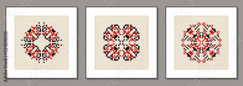 Set of posters with traditional Ukrainian embroidery ethnic ornament vyshyvanka