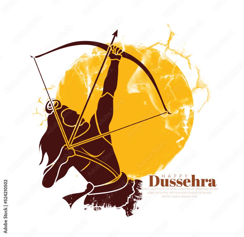 Happy Dussehra Font With arrow and bow ,Lord Rama killing Ravana in Dussehra Navratri festival of India poster Background. - obrazy, fototapety, plakaty 