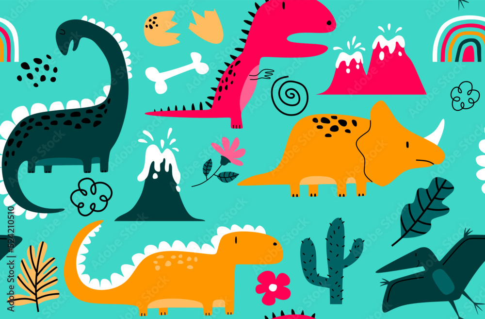 Childish seamless pattern with hand drawn dino in scandinavian style. Childish seamless pattern with hand drawn dino in scandinavian style.