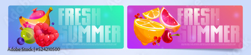 Colorful summer banners set. Cartoon illustration of fresh tropical fruits and berries on blue and pink background. Template invitation for cocktail party. Horizontal advertizing poster vector design