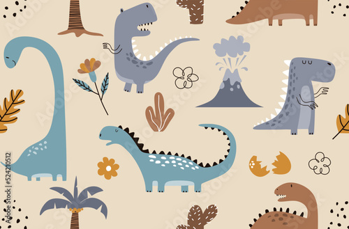 set of cute dinosaur print and seamless pattern with dinosaurs. vector illustration