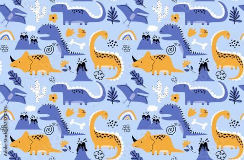 Childish seamless pattern with hand drawn dino in scandinavian style. 