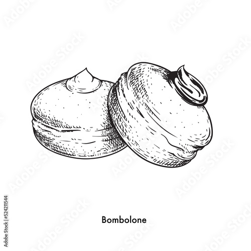 Traditional Italian sweets Bombolone with chocolate and custard cream on top. Best for menu design and packages. Vector illustration isolated on white background.